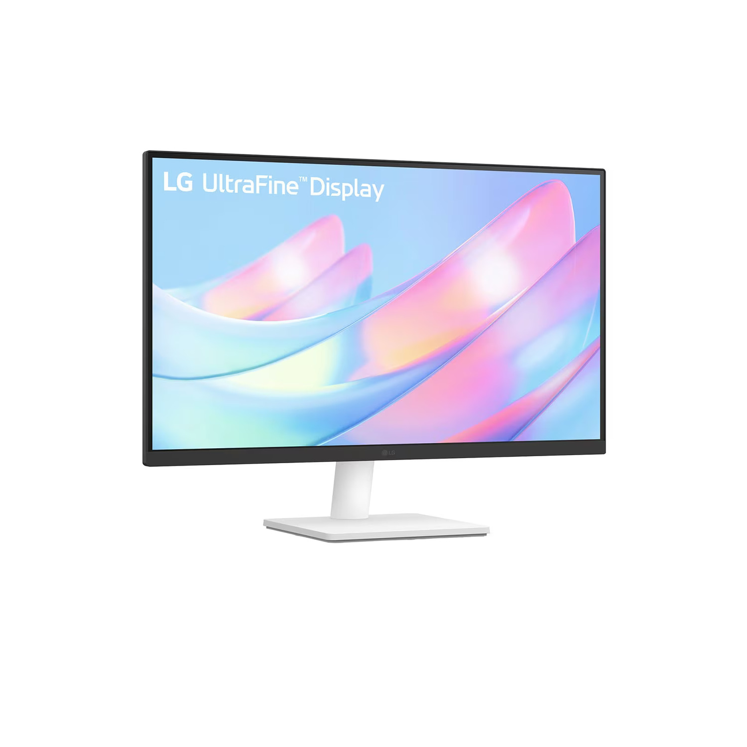A computer monitor, black frame, white base, showing an abstract design.