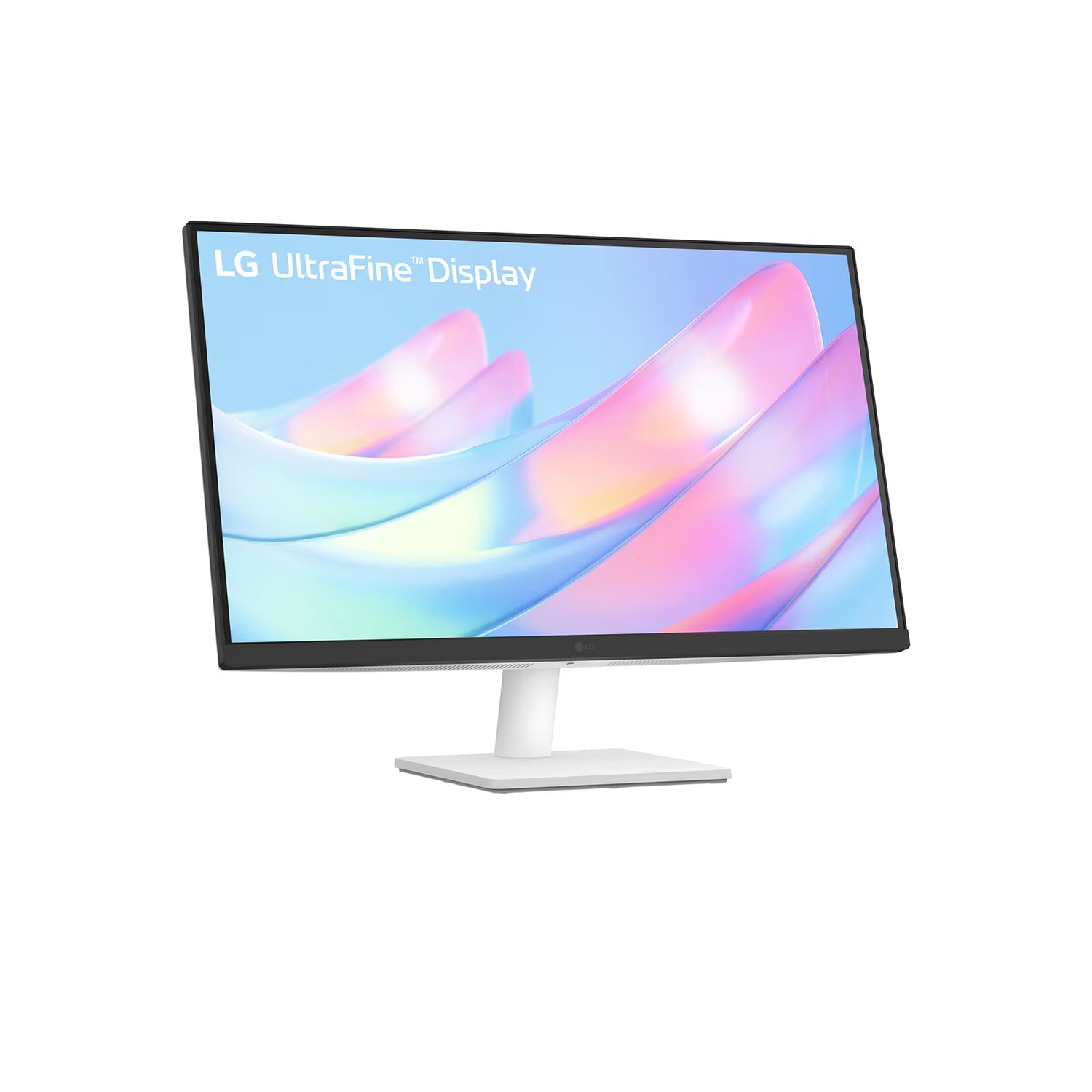 White base and stand holding an LG UltraFine display, white background.