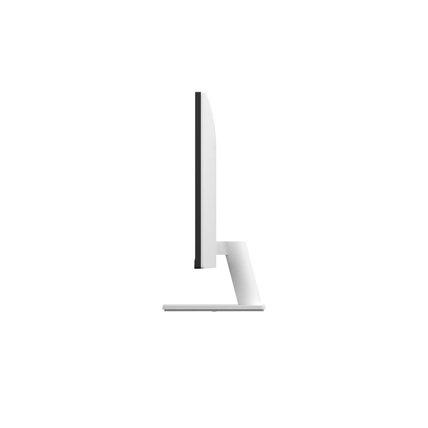 White computer monitor, side view, on a white stand, against a white background.