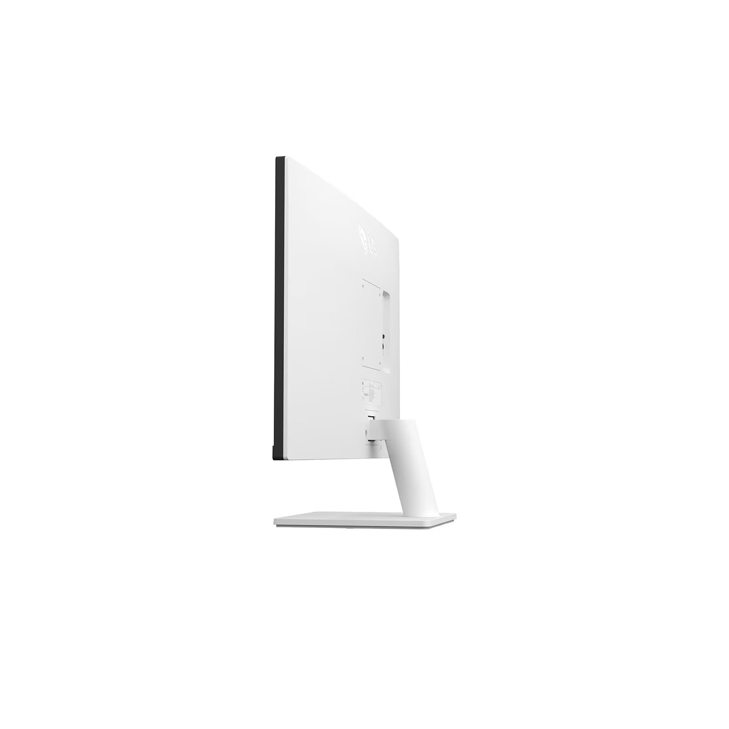 White computer monitor, angled to the side, showing the back and stand. The screen is blank.