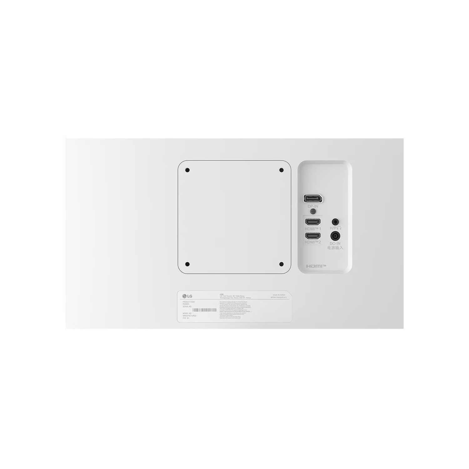 The back of a white computer monitor with ports and labels, against a white background.