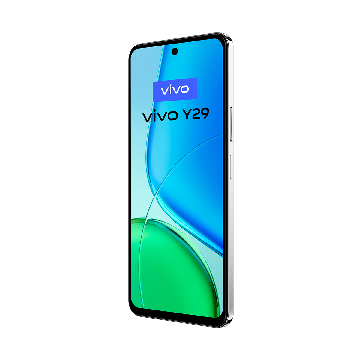 Beyaz arka planda Vivo Y29 akıllı telefon, hafif açılı, renkli bir duvar kağıdı gösteren bir ekranla.