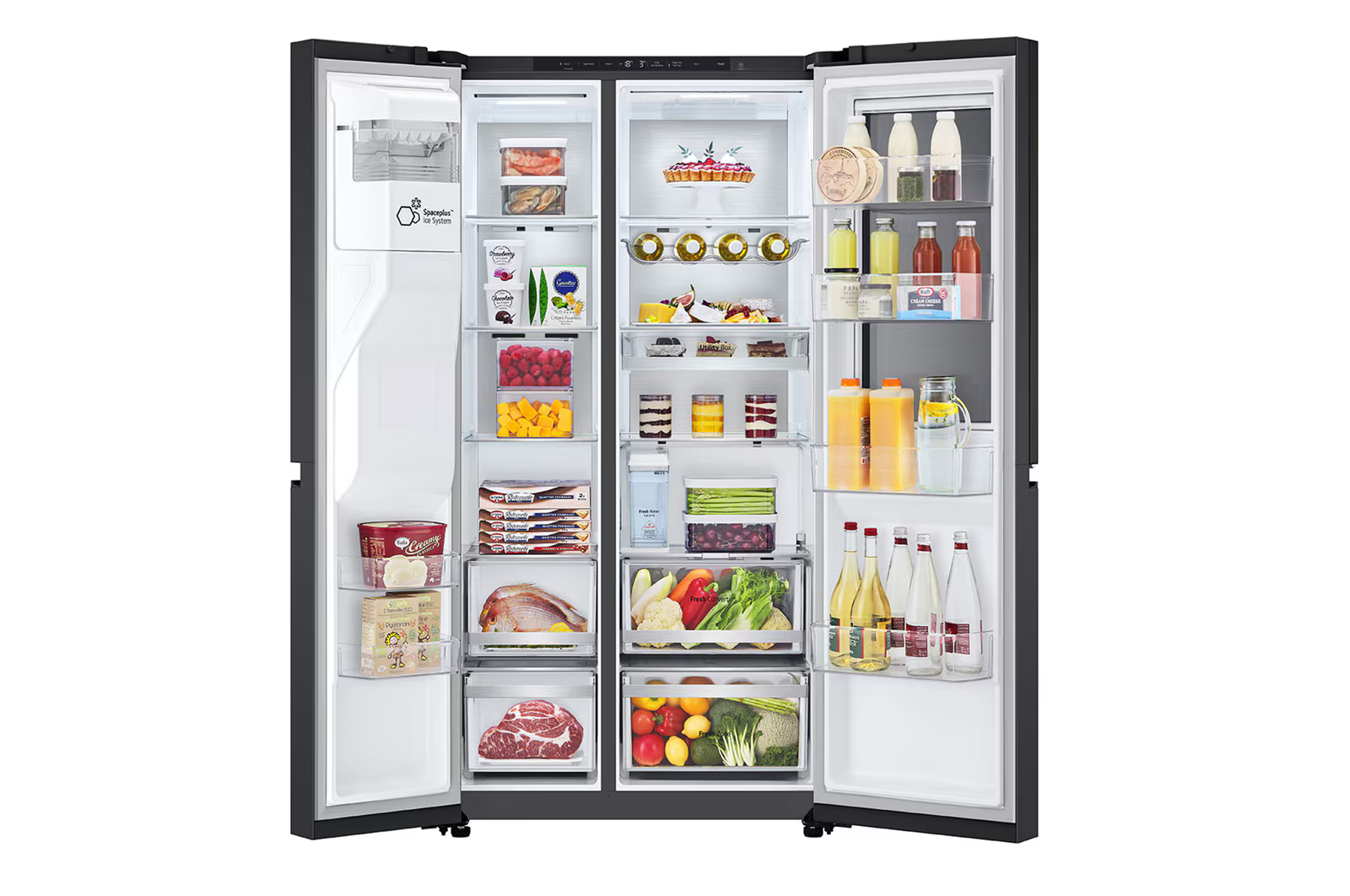 Ein Kühlschrank mit geöffneten Türen, zeigt den Inneninhalt.