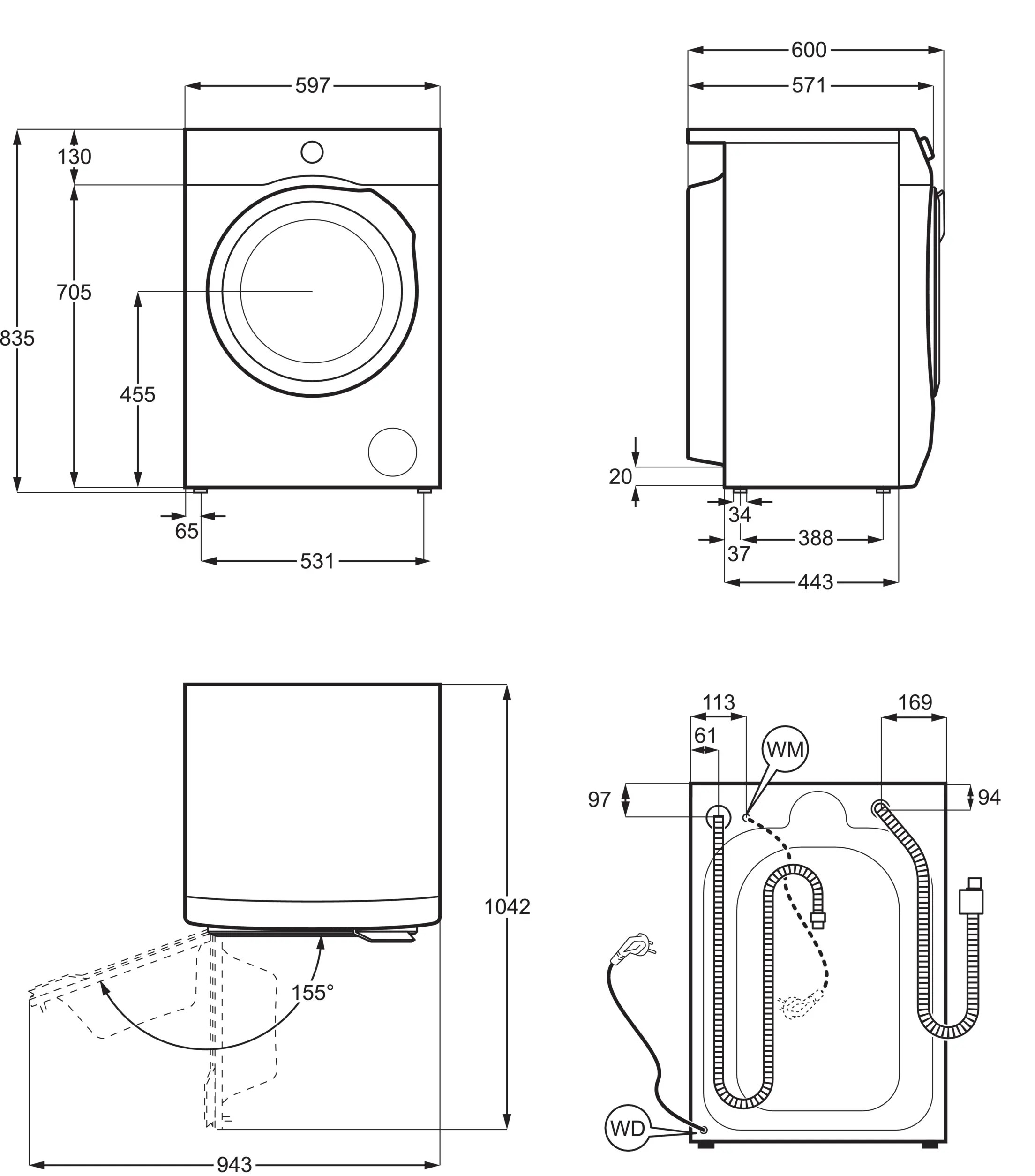 Rysunek techniczny pralki z wymiarami.
