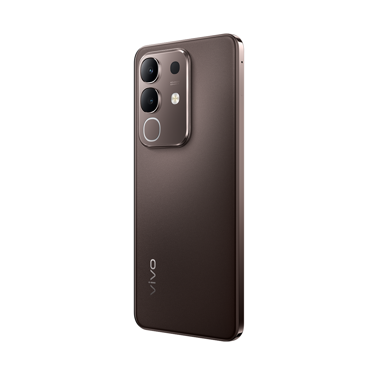 Beyaz bir arka plan üzerinde üç kamerası ve bir VIVO logosu olan kahverengi telefon.