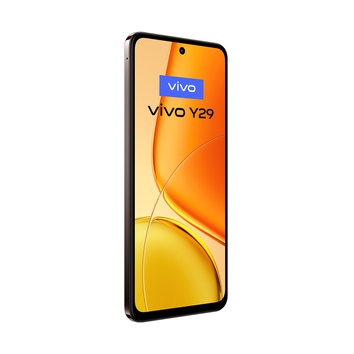 Siyah çerçeveli ve altın ve turuncu degrade arka plana sahip bir Vivo Y29 telefonu.
