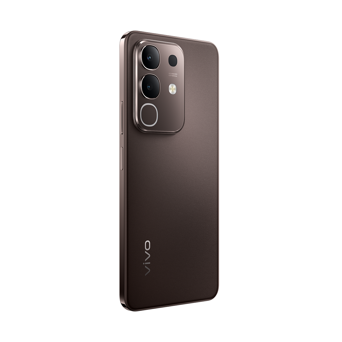 Beyaz zemin üzerinde birden fazla kameraya sahip kahverengi akıllı telefon. VIVO logosu görünür.