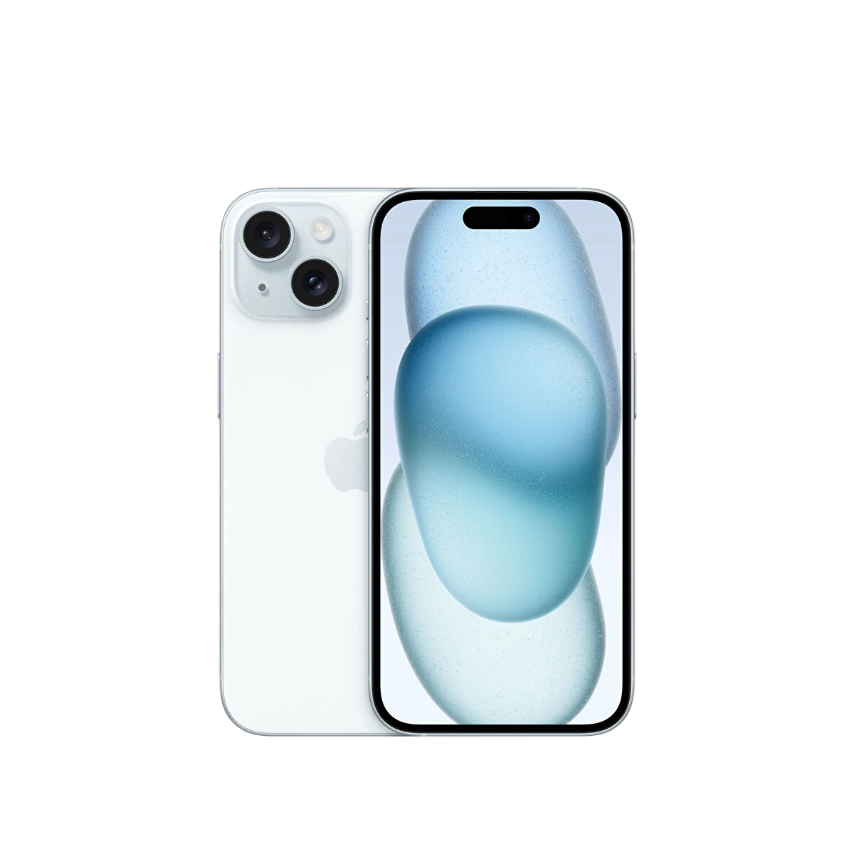 İki kameralı beyaz iPhone ve mavi soyut duvar kağıdı.