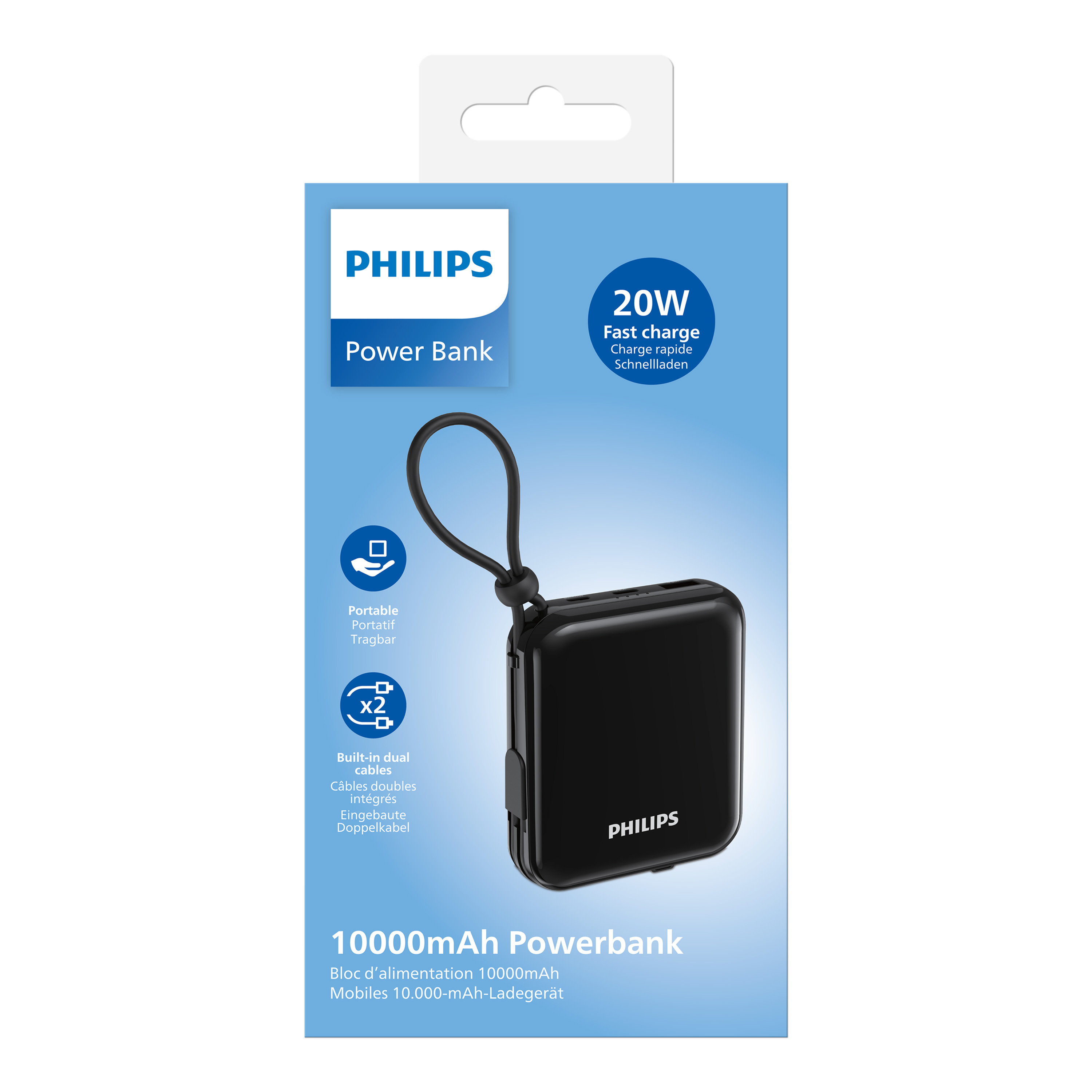 Siyah Philips powerbank, ambalajında, şarj kablosu takılı.