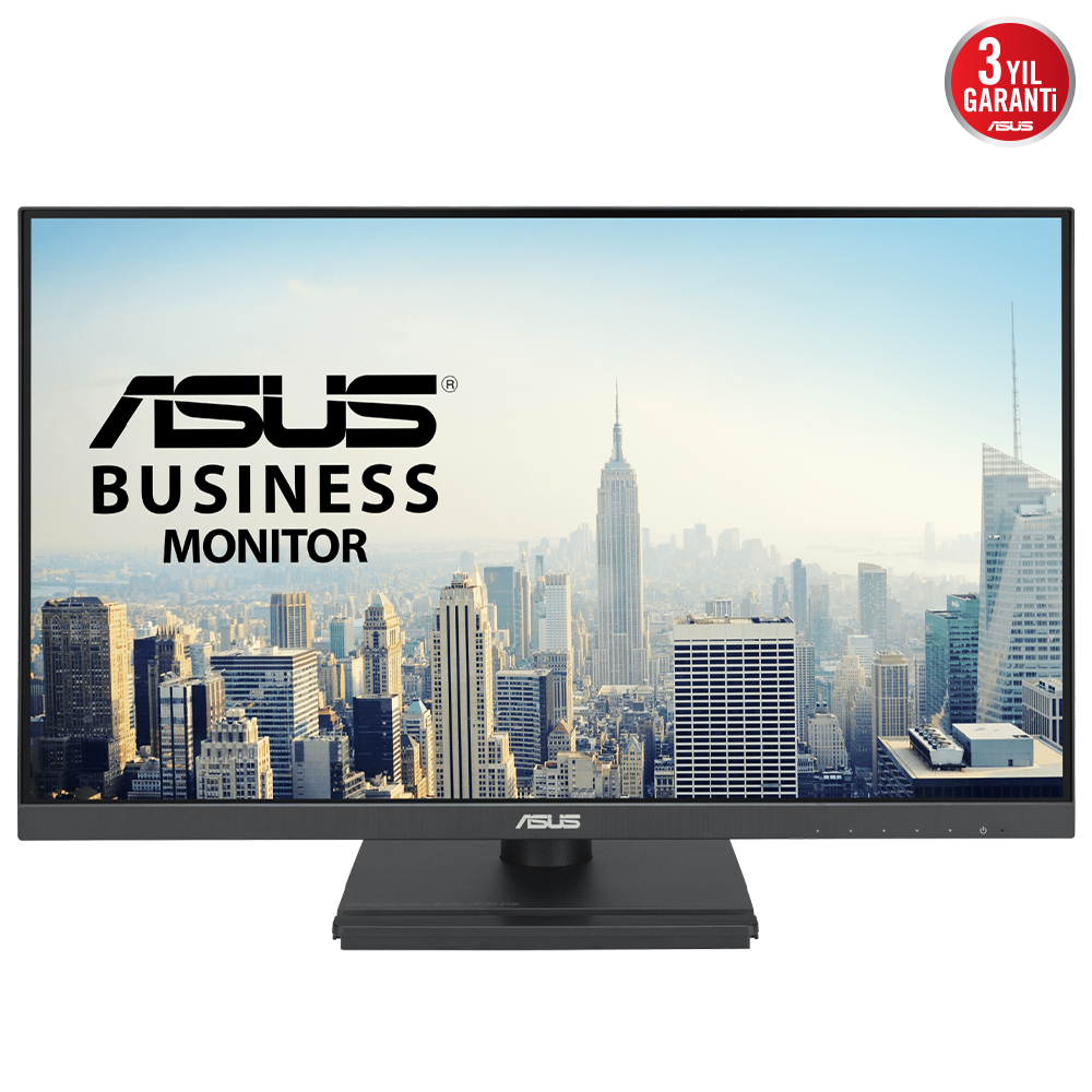 Şehir manzarası arka planlı ASUS İş Monitörü.