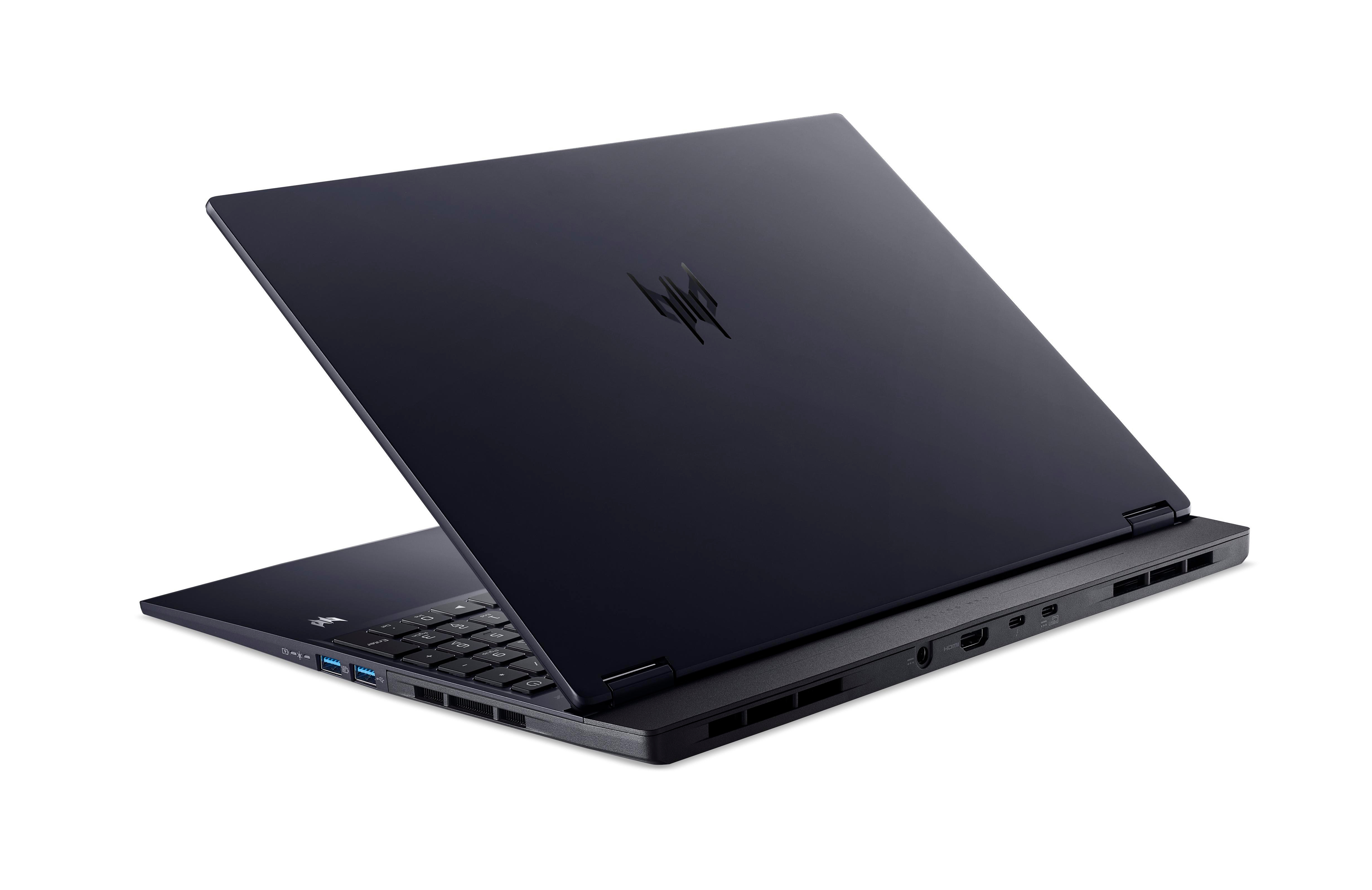 Schwarzer Laptop, geöffnet, Tastatur und Bildschirm zeigend.