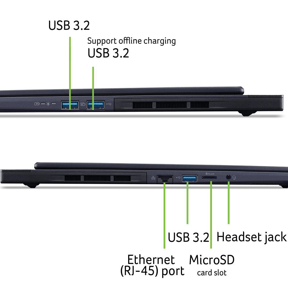 Seitenansicht des Laptops, mit USB-Anschlüssen, Ethernet-Anschluss und MicroSD-Kartensteckplatz.