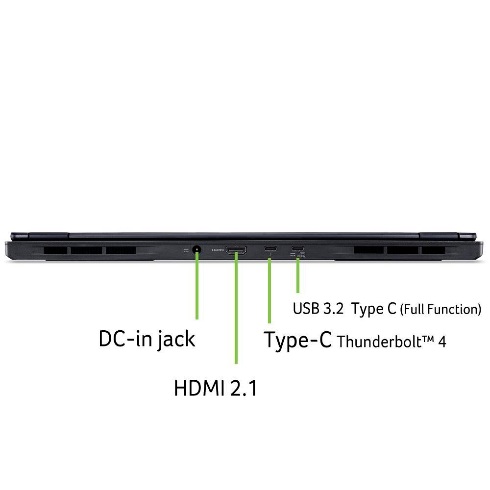 Laptop-Unterkante mit DC-in-Buchse, HDMI-Anschluss und USB-Typ-C-Anschlüssen.
