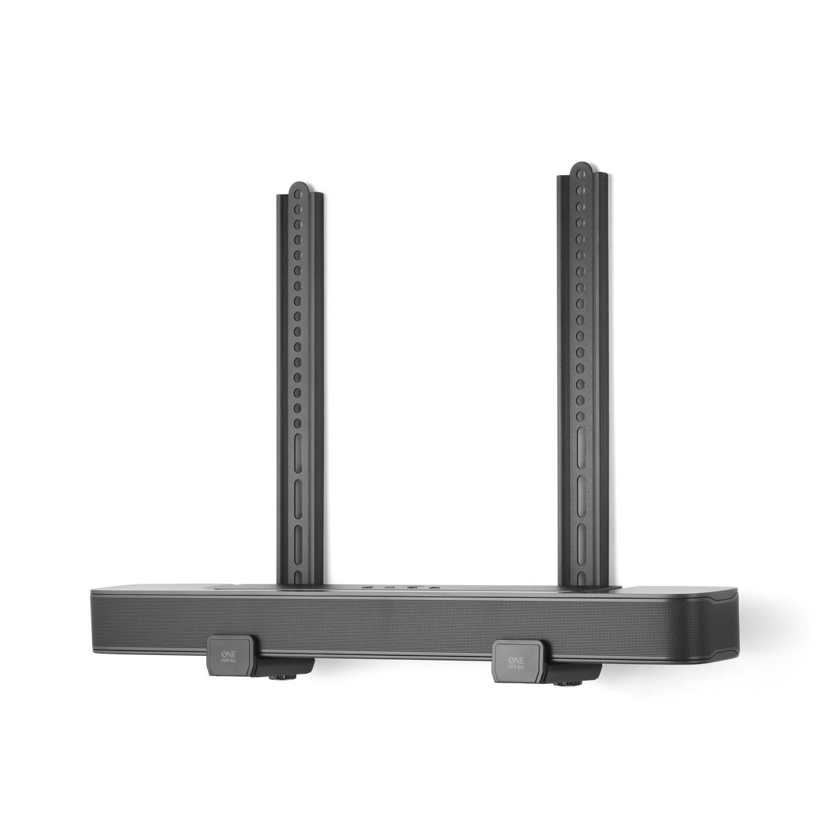 Un soporte para barra de sonido. Dos barras verticales conectan a la barra.