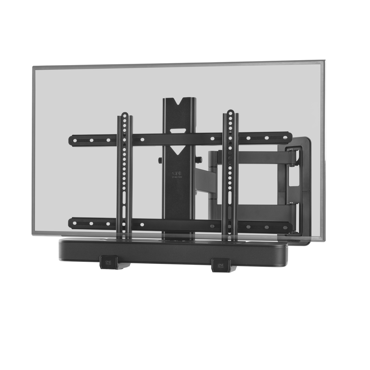 La parte trasera de un televisor negro con una barra de sonido y un soporte de montaje.