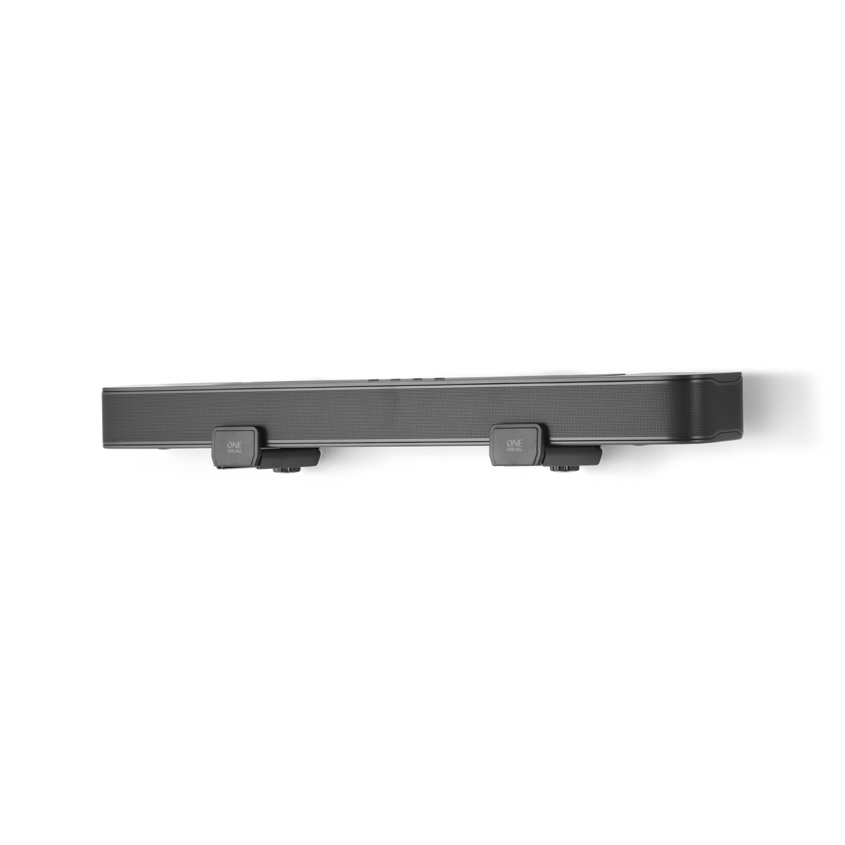 Una barra de sonido con soportes de montaje sobre fondo negro.
