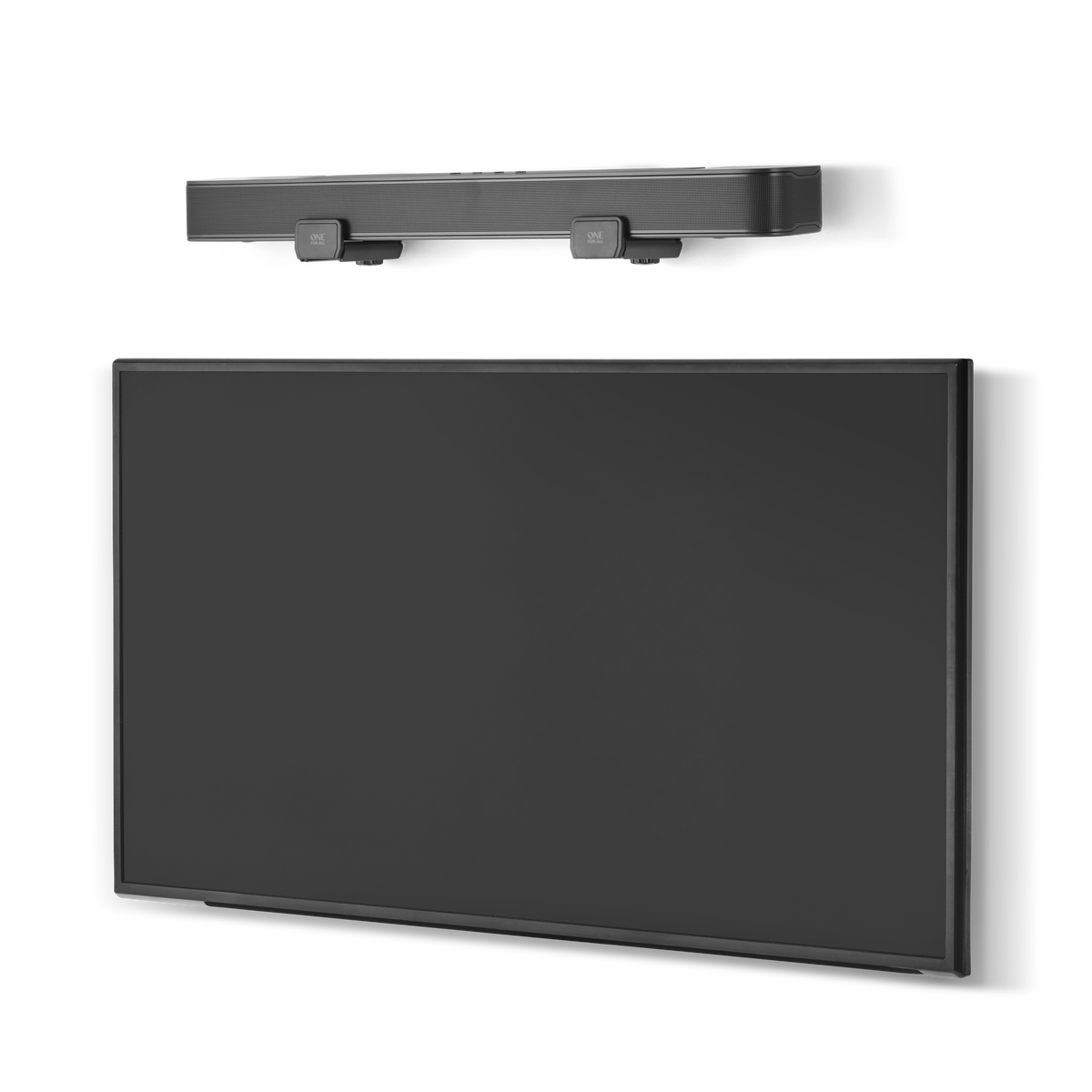 Barra de sonido montada sobre una pantalla de TV negra.
