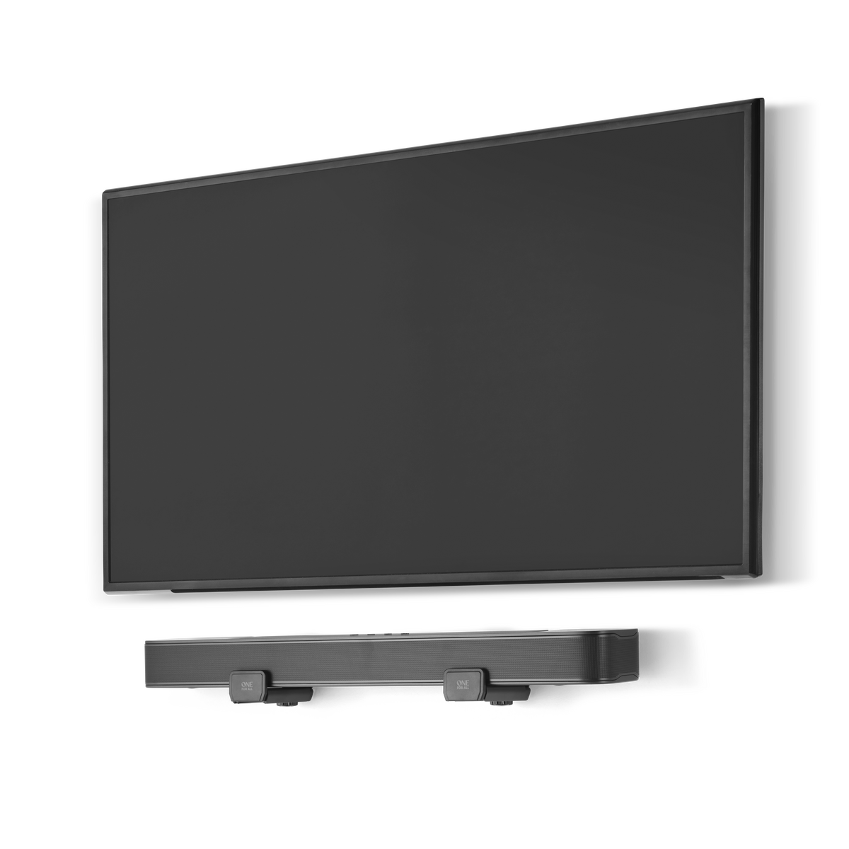 Pantalla de TV negra con barra de sonido montada debajo.