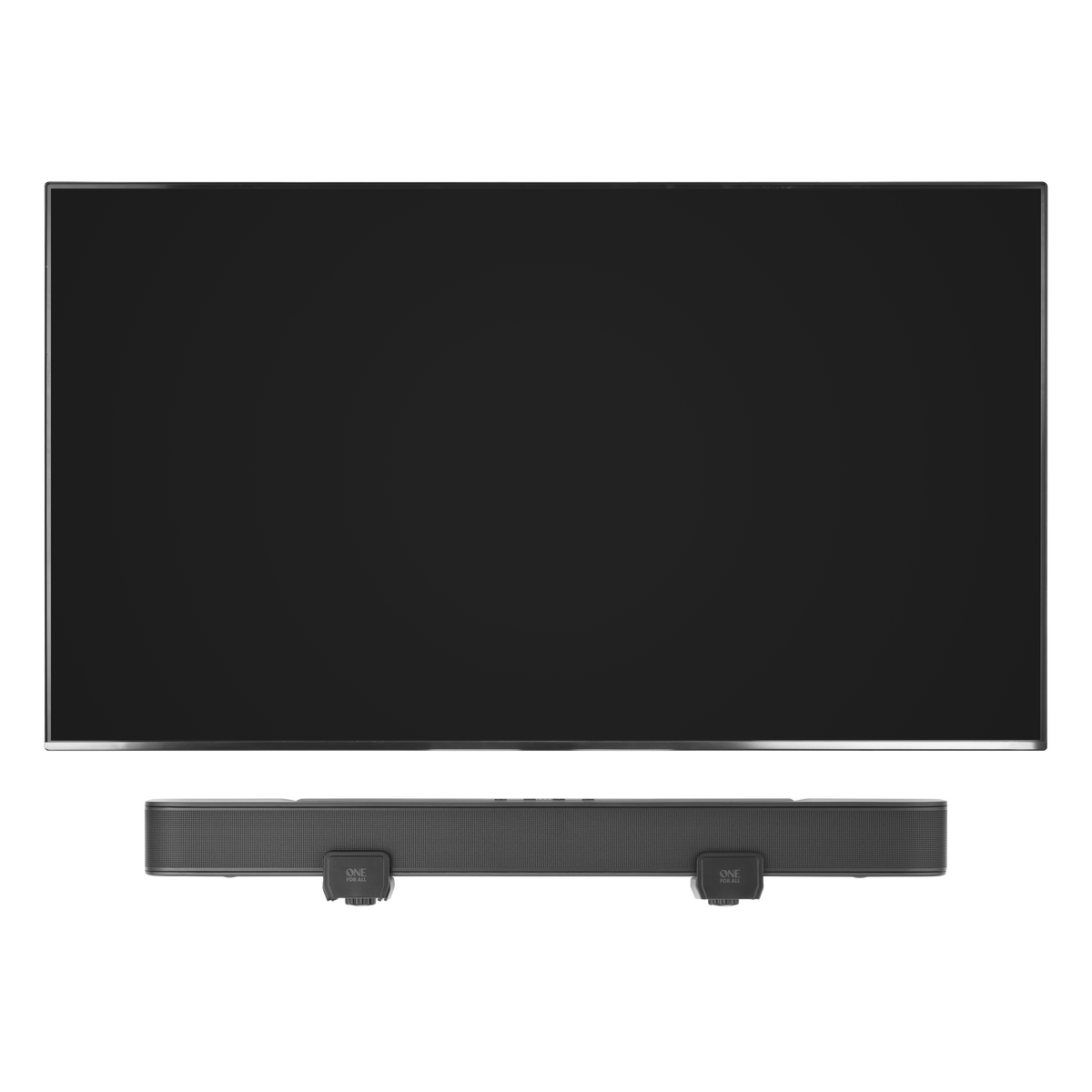 TV negro y barra de sonido. La barra tiene diseño de rejilla. TV sobre fondo negro.