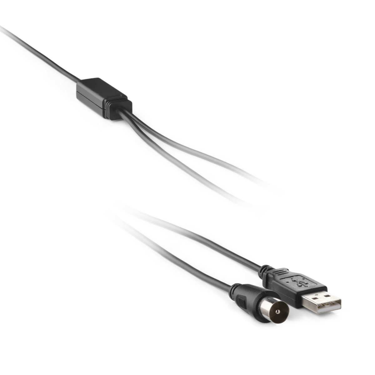 Cable de antena negro con USB y conector.