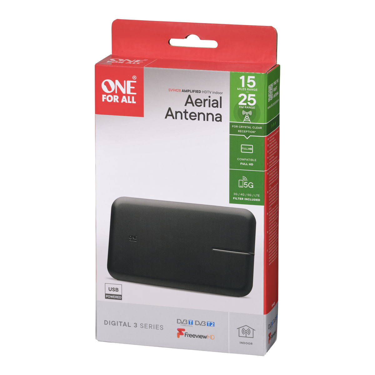 Una caja de producto para una antena aérea interior HDTV amplificada One For All.