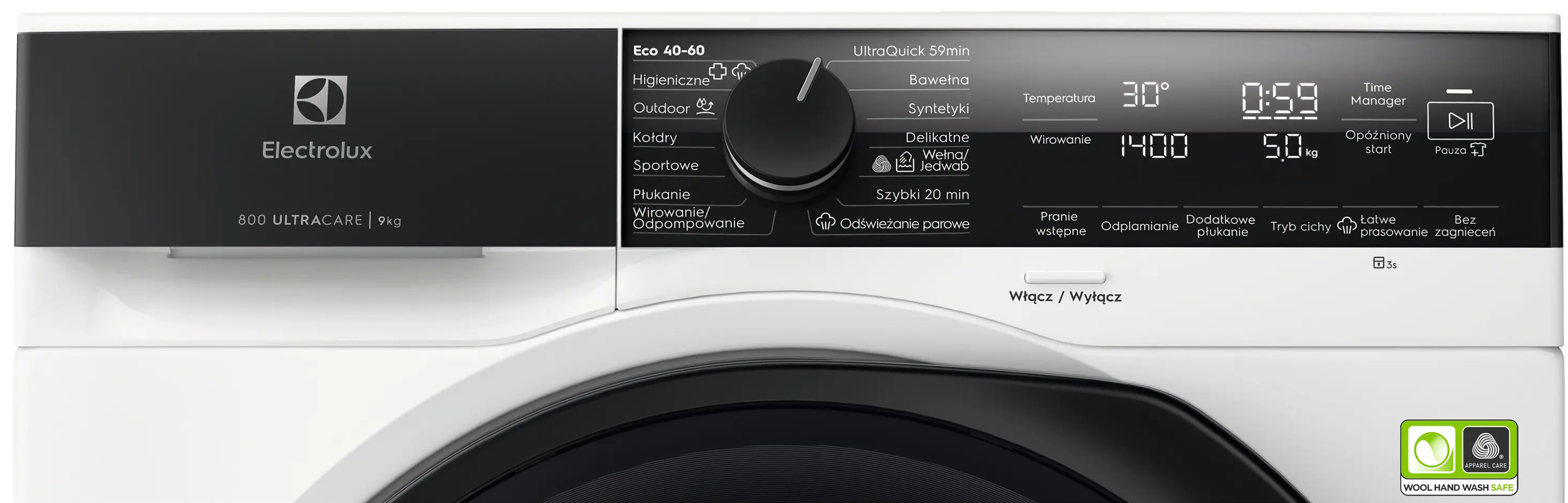Zbliżenie na białą pralkę Electrolux z czarnym panelem sterowania i różnymi ustawieniami programów.