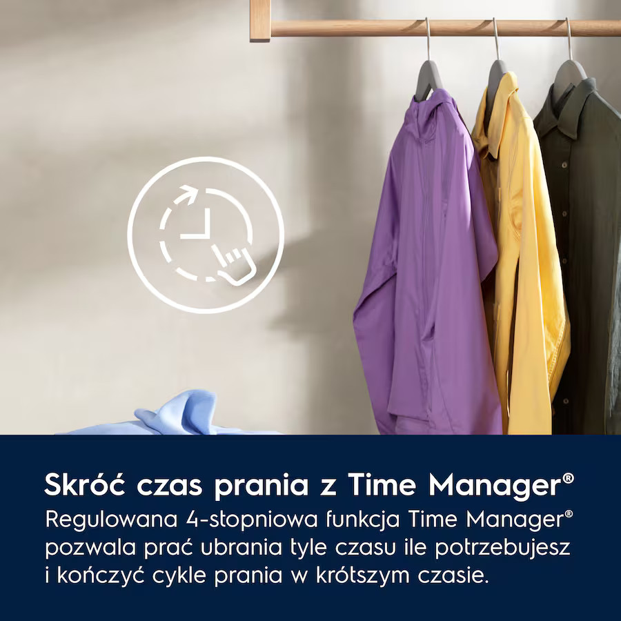 Ubrania wiszą na drążku, pod nimi niebieska szmatka i ikona Time Manager®.