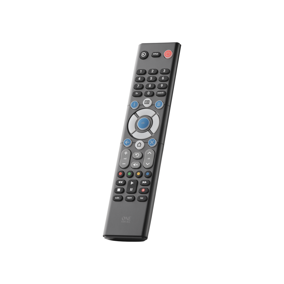 Mando a distancia de TV negro con muchos botones. El mando tiene un logo plateado y está sobre un fondo negro.