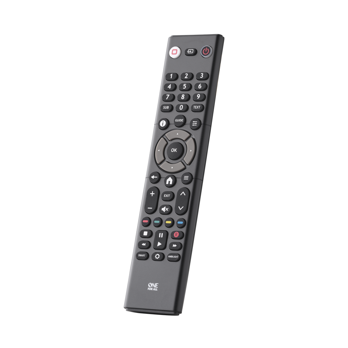Mando a distancia de TV negro con muchos botones. El mando tiene un logo plateado y está sobre un fondo negro.