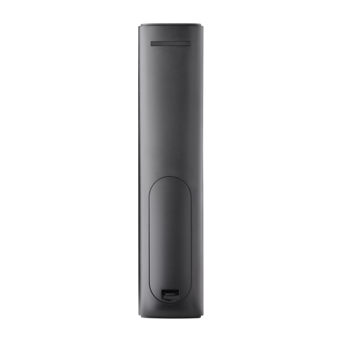 La parte posterior de un control remoto gris oscuro. Es un dispositivo delgado y rectangular.