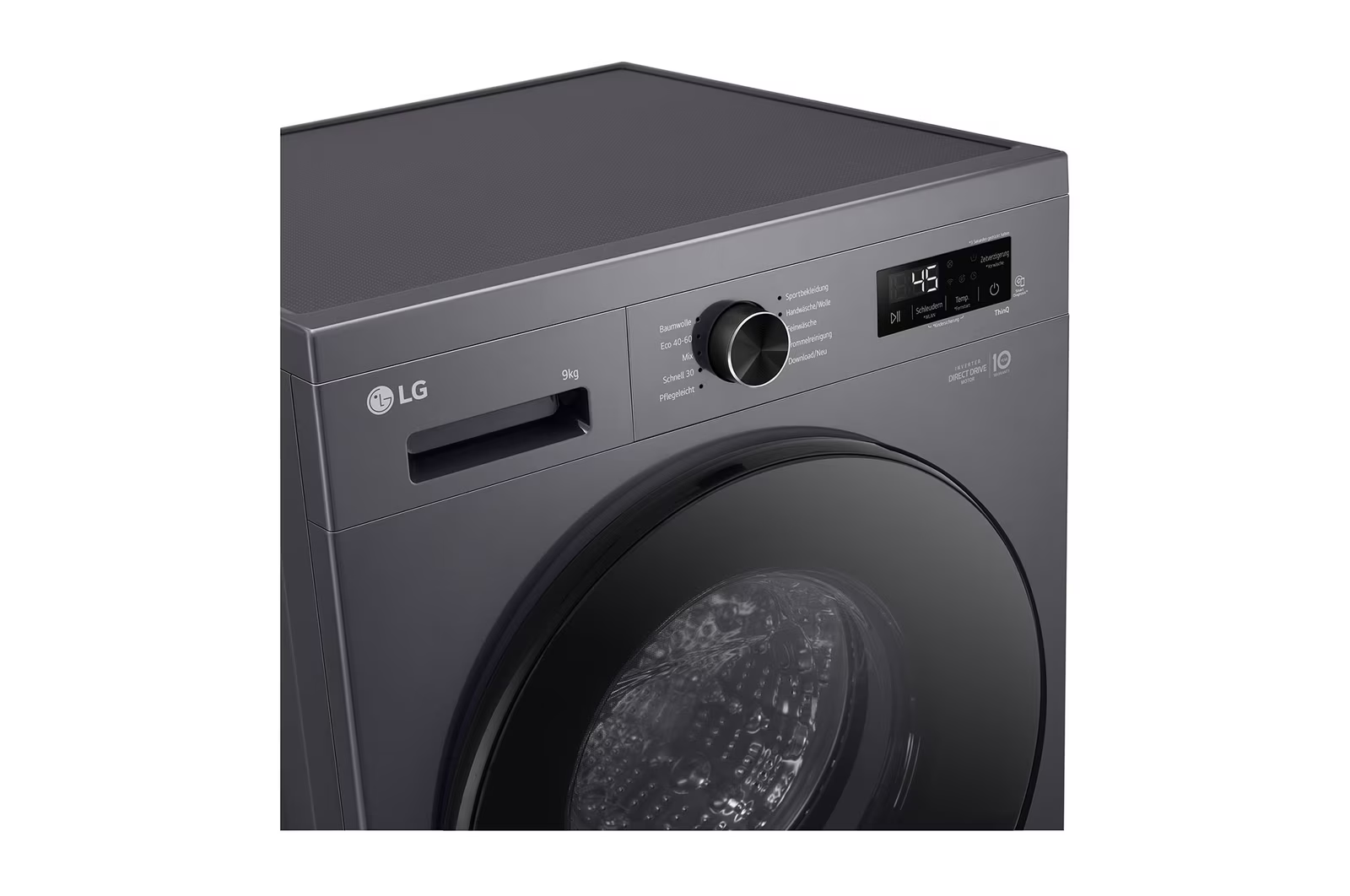 Nahaufnahme einer dunkelgrauen Waschmaschine. Die Maschine hat ein Bedienfeld und eine schwarze Tür.