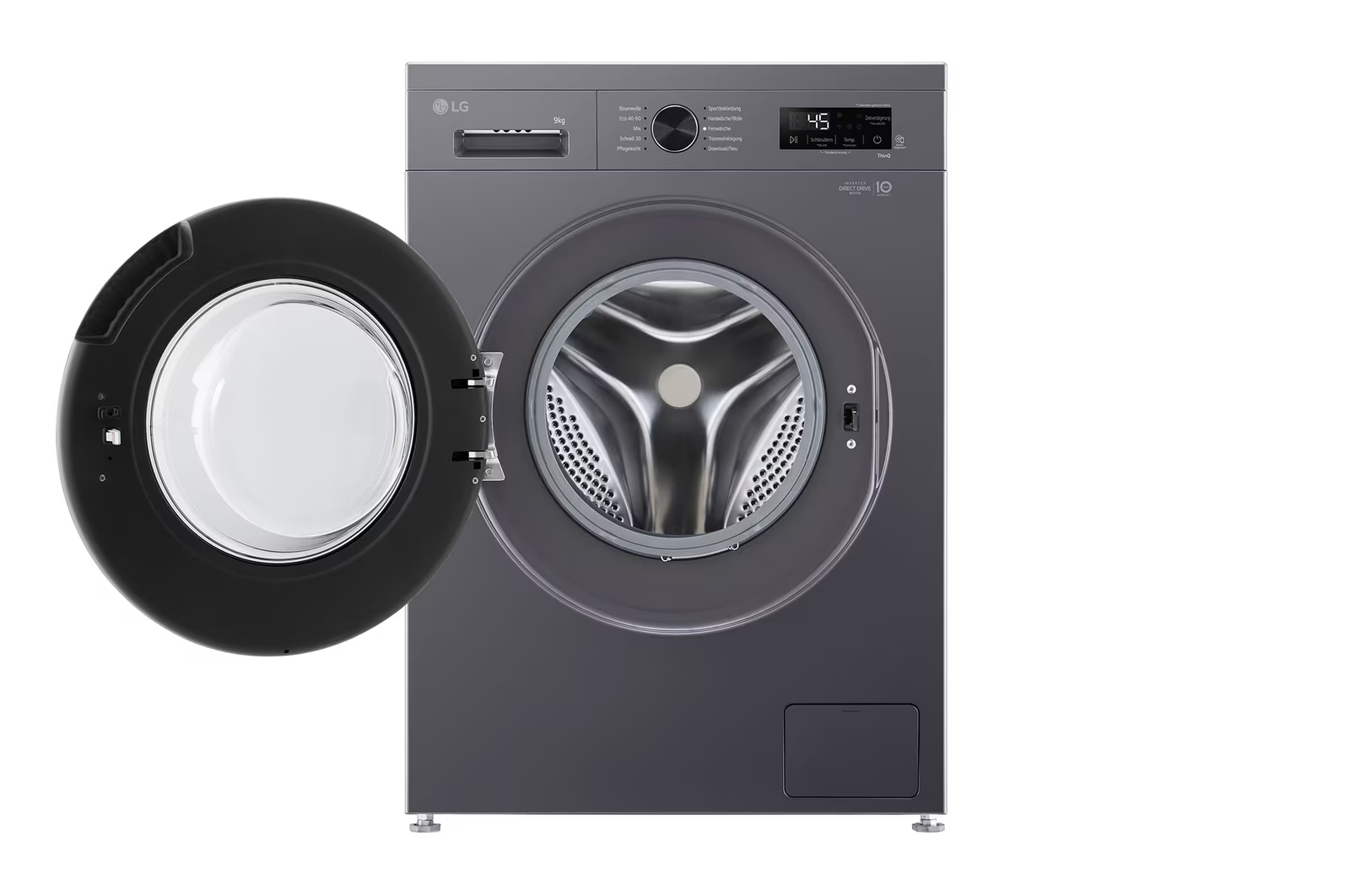 Dunkelgraue Waschmaschine mit geöffneter Tür. Die Maschine hat ein Bedienfeld und eine schwarze Tür.