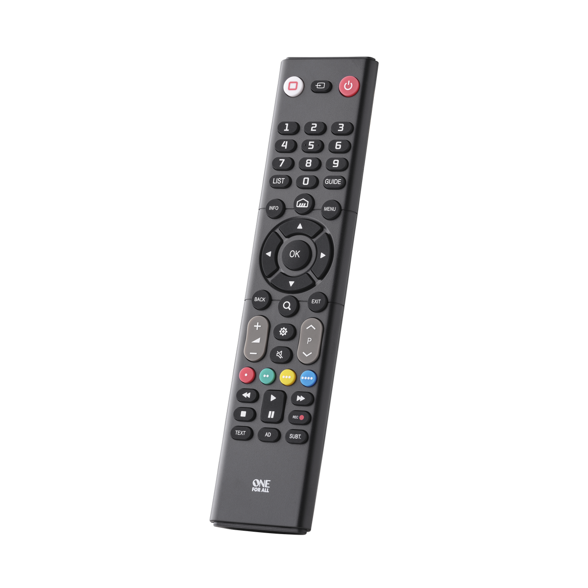 Un mando a distancia de TV negro con muchos botones, incluidos los numéricos y de navegación.