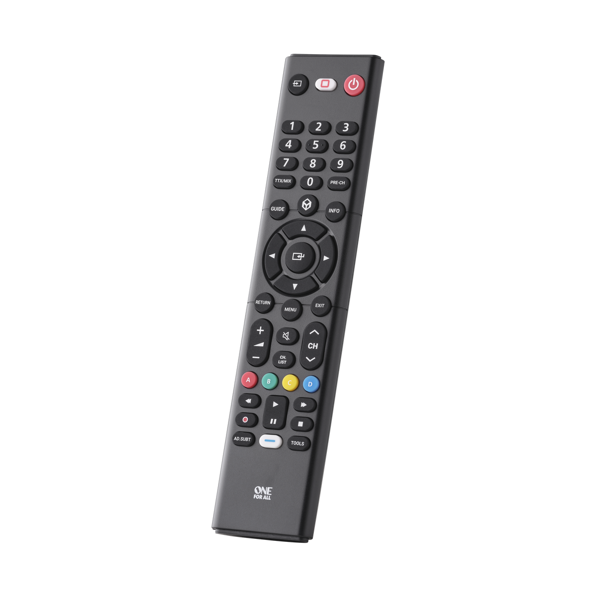 Mando a distancia de TV negro con muchos botones. El mando tiene un logo plateado y está sobre un fondo negro.