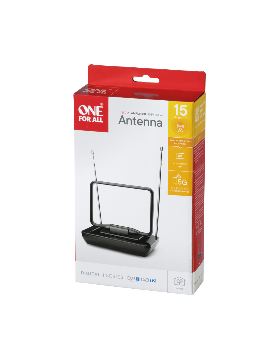 Una caja roja y negra con una antena y texto. Es para TV digital.