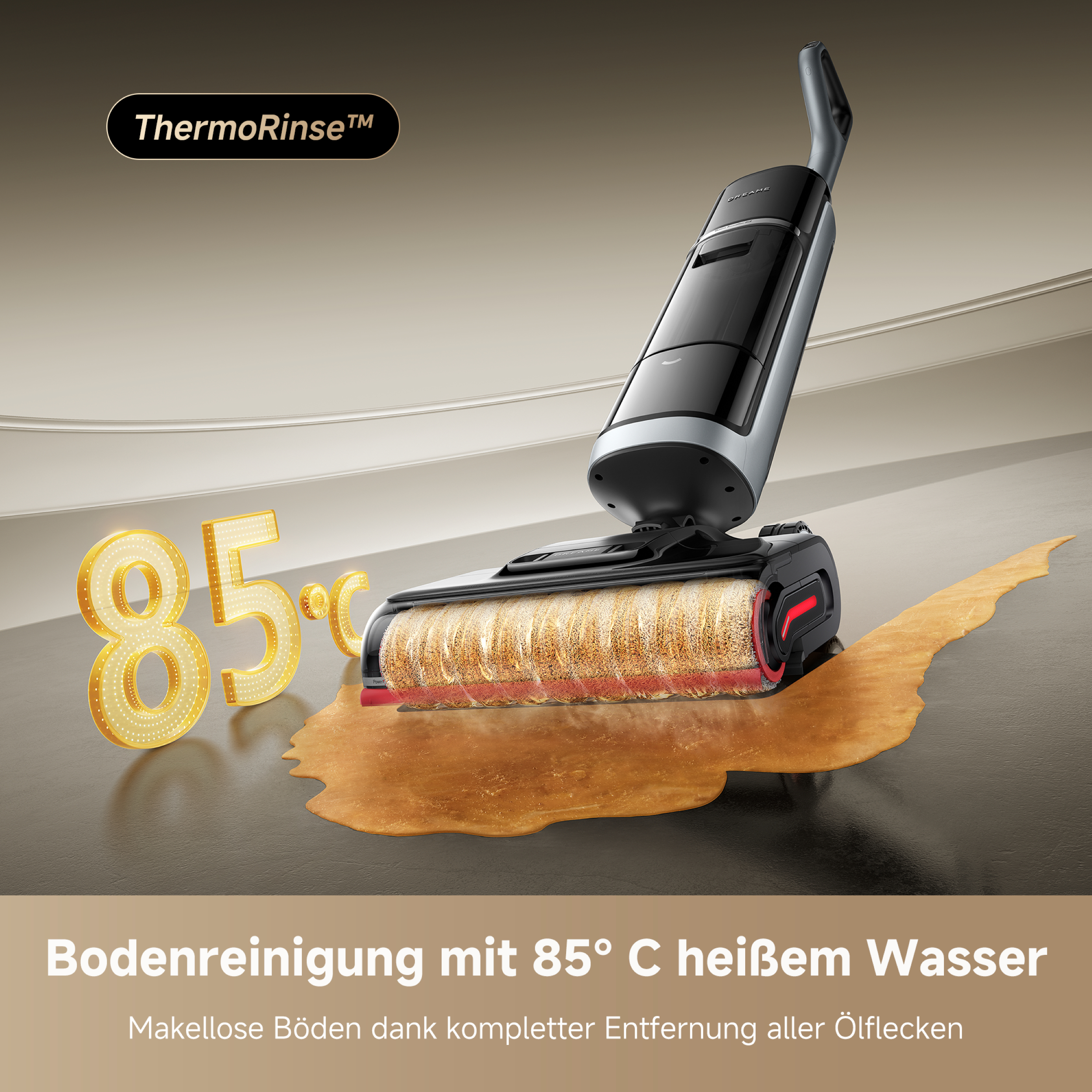 Bodenreinigungsgerät sprüht Flüssigkeit. Pfütze mit der Zahl 85°C.
