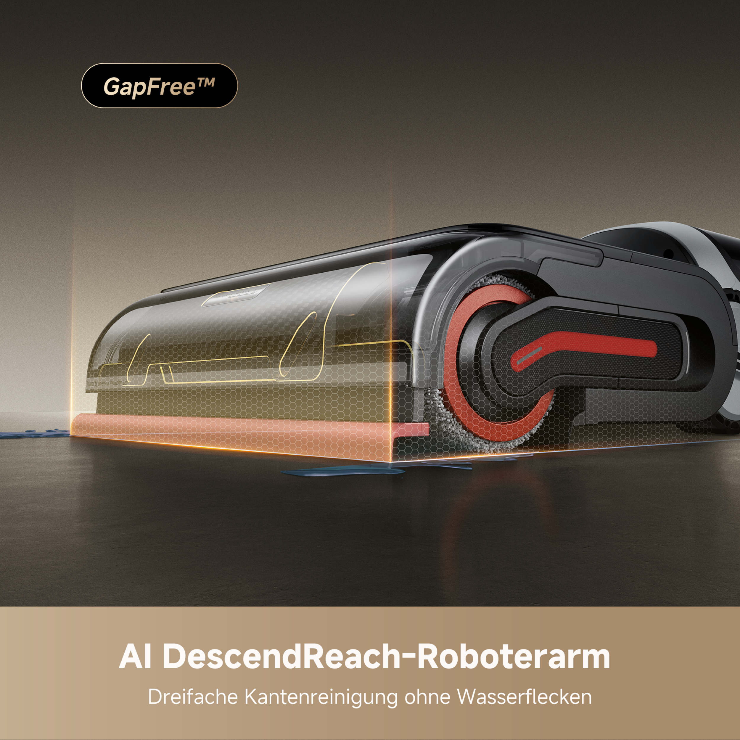 Roboter-Staubsauger mit schwarzen und roten Details, transparentem Deckel und Text 'GapFree'.