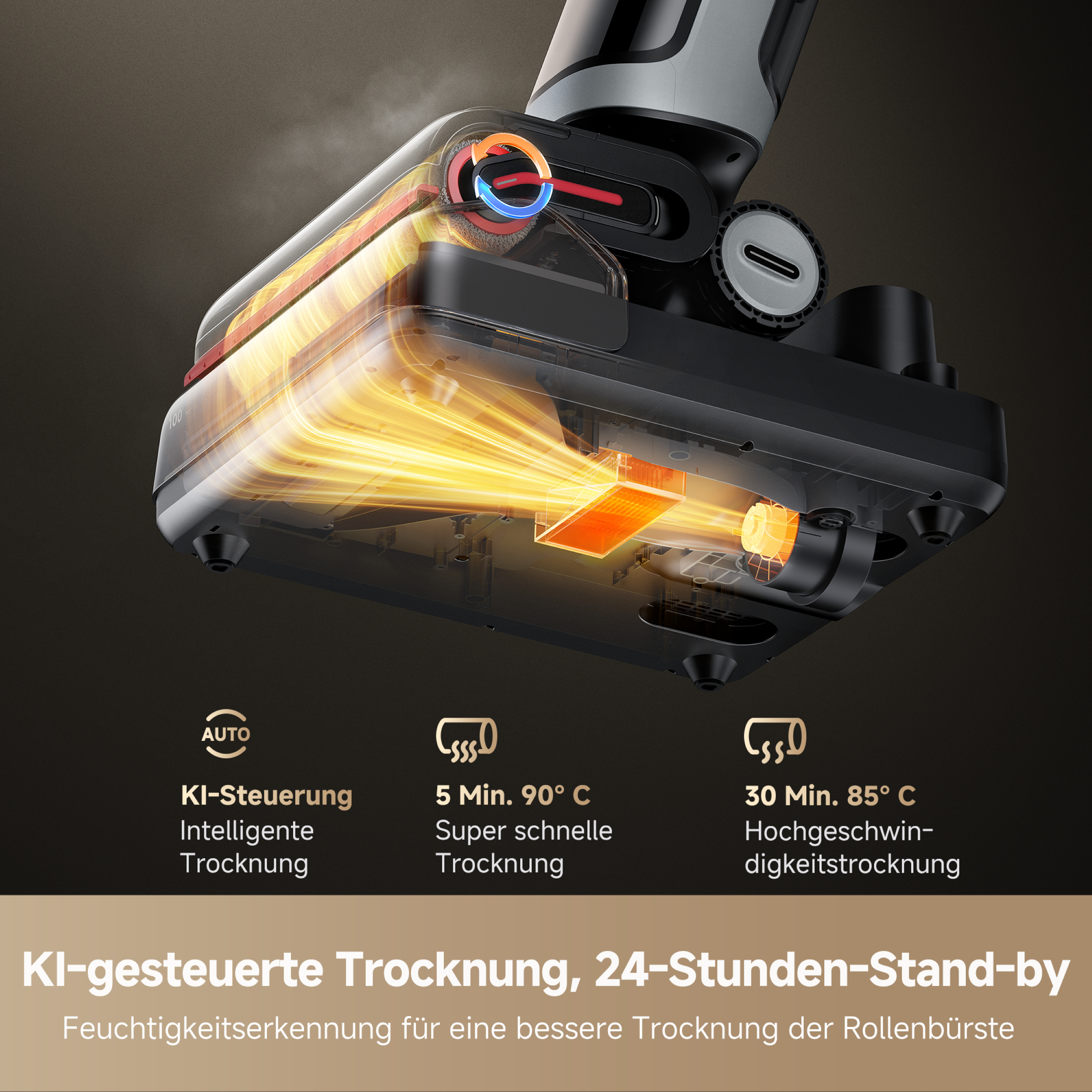 Staubsaugerdetail, das Trocknungstechnologie zeigt, mit Textbeschriftungen für verschiedene Einstellungen.