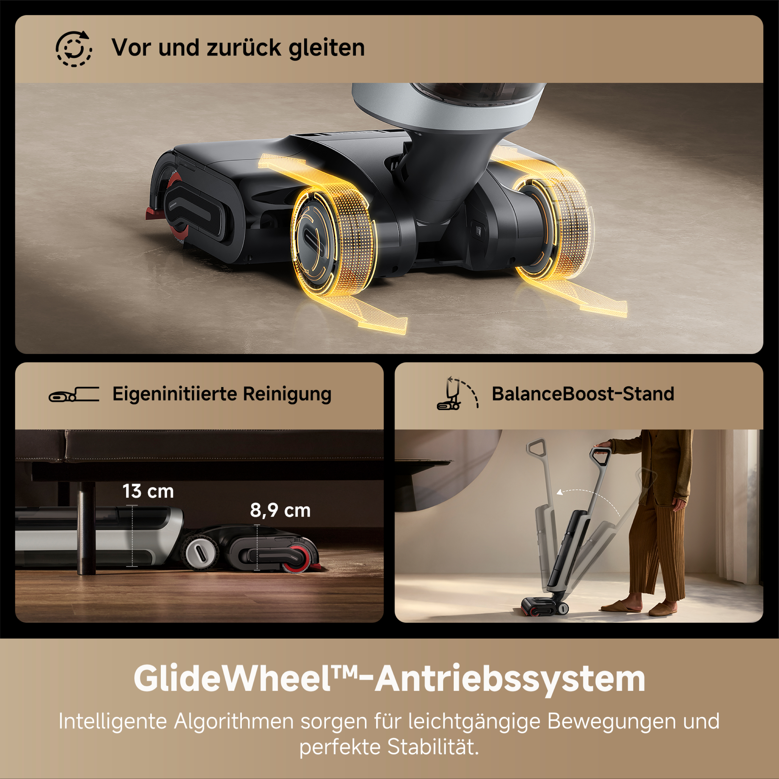 Staubsauger mit GlideWheel-System und Text über Stabilität und Bewegung.