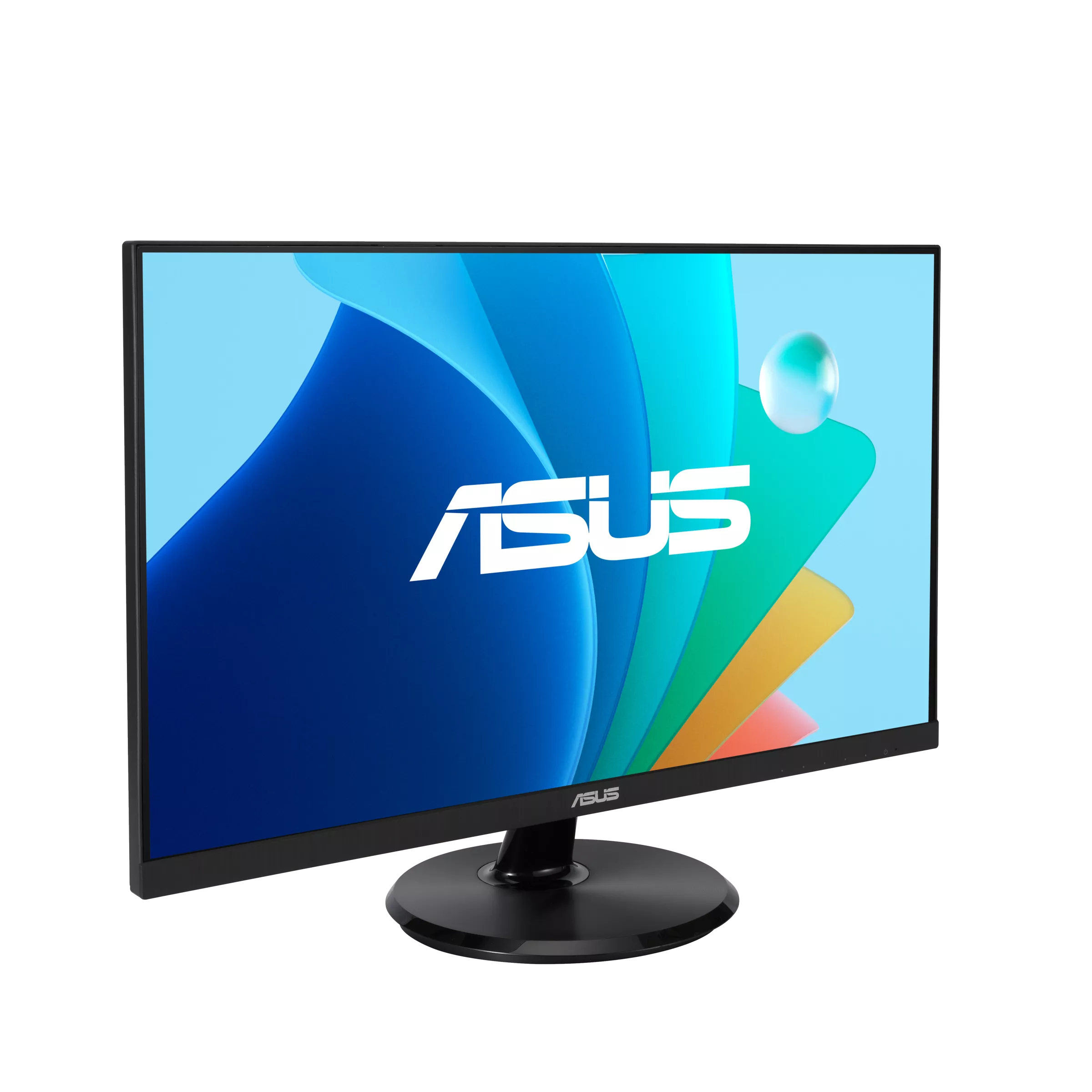 Bir ASUS monitör yandan açıyla görüntülendi. Ekran, beyaz ve sarı eğrilerle mavi bir arka plana sahip.