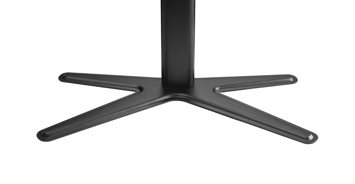 Base de soporte de TV negra, con un diseño en forma de estrella sobre un fondo blanco.