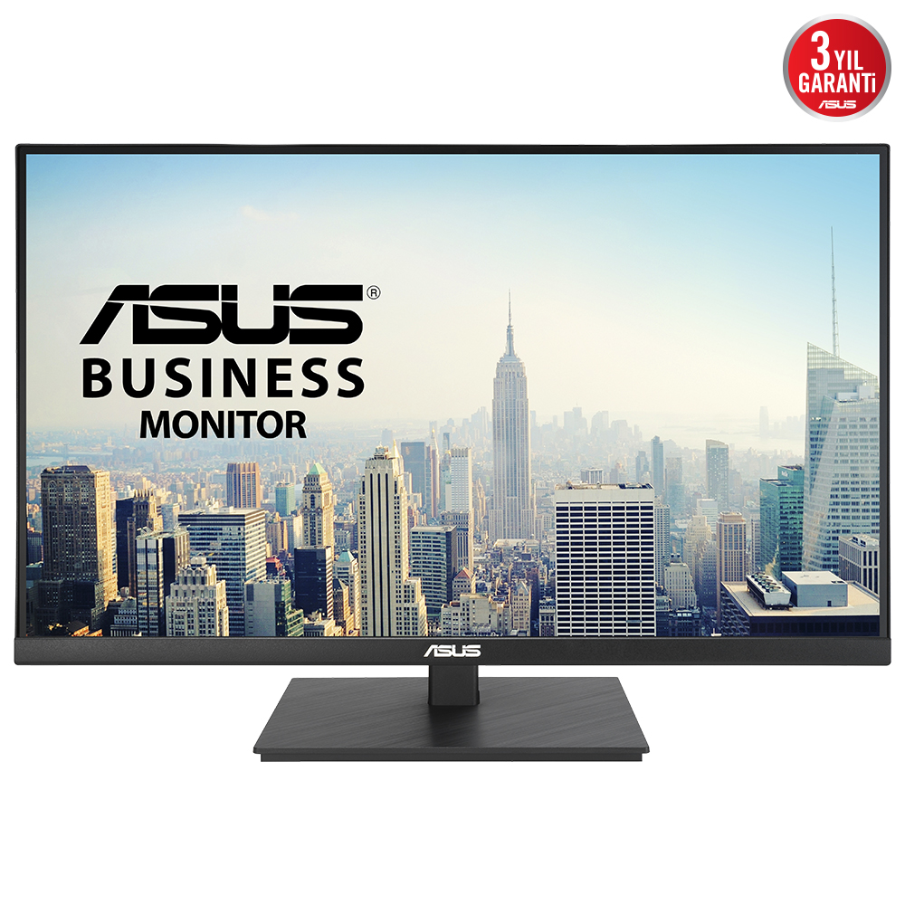 'ASUS Business Monitor' logosu ile şehir manzarası gösteren siyah bir bilgisayar monitörü.