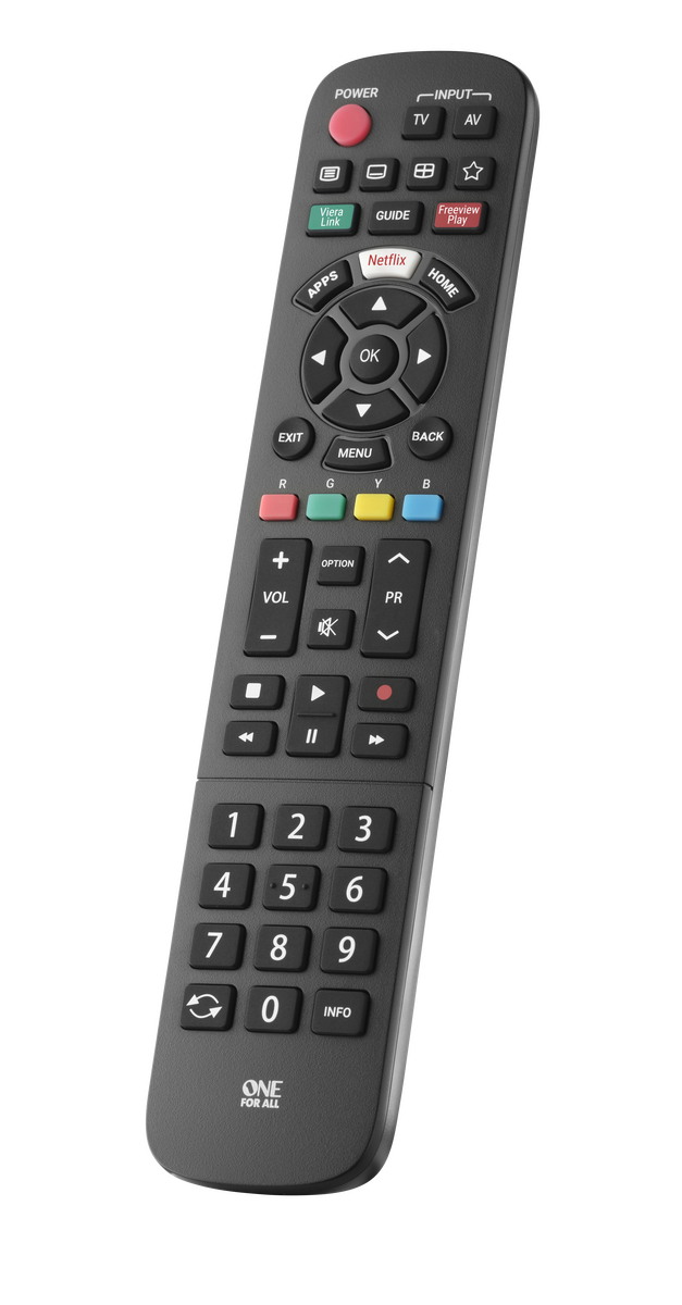 Un mando a distancia de TV negro con varios botones.