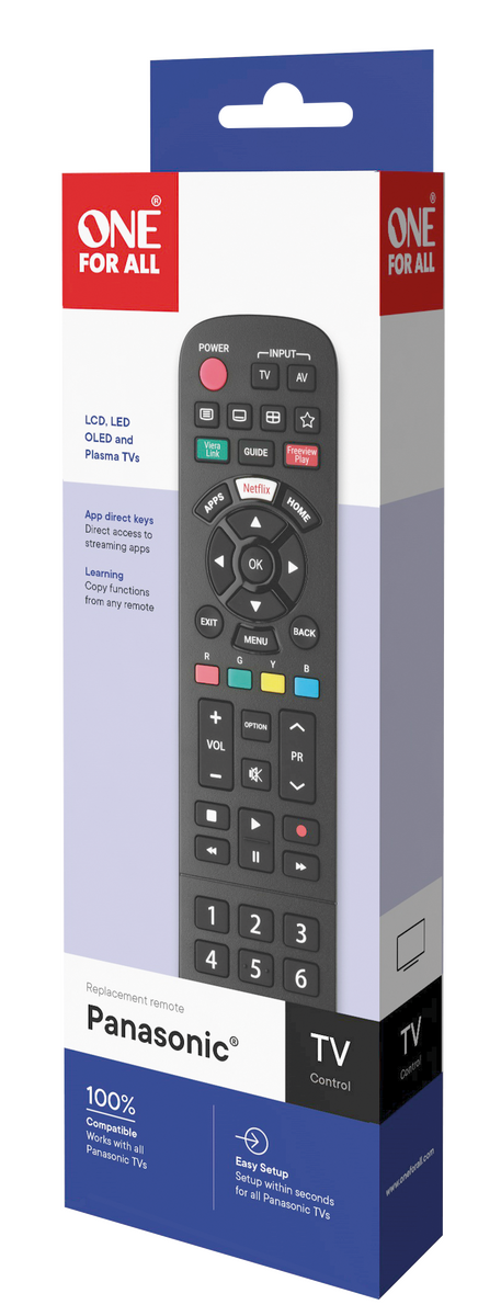 Mando a distancia de TV Panasonic en su embalaje con detalles de botones e información de la marca.