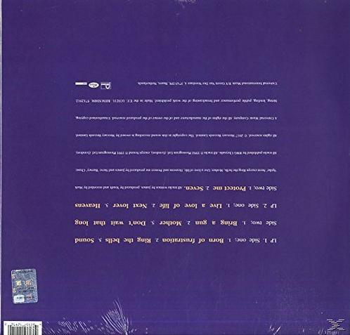 Rückseite eines violetten Albums mit Songtiteln in Gold.