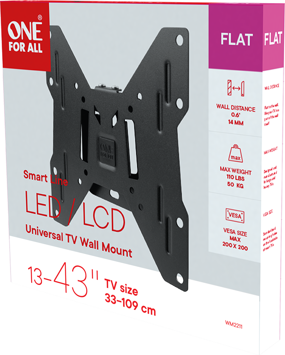 Caja de soporte de pared para TV plana. Soporte negro dentro, con detalles sobre tamaño y peso en la caja.