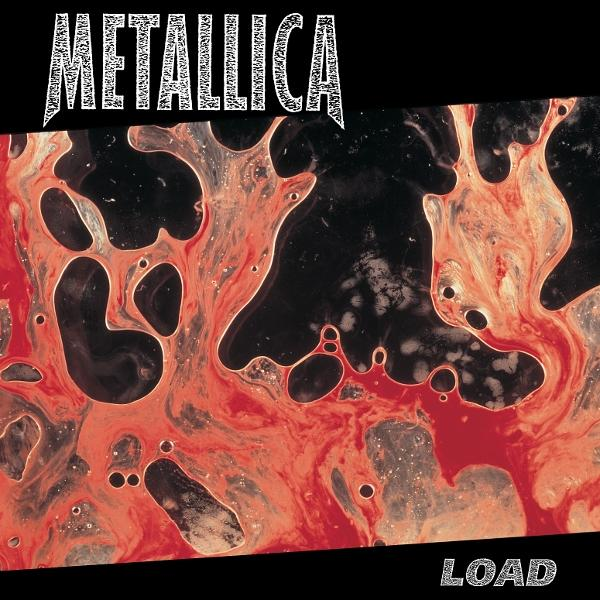 Metallica albumhoes met rode en zwarte abstracte kunst en witte tekst.