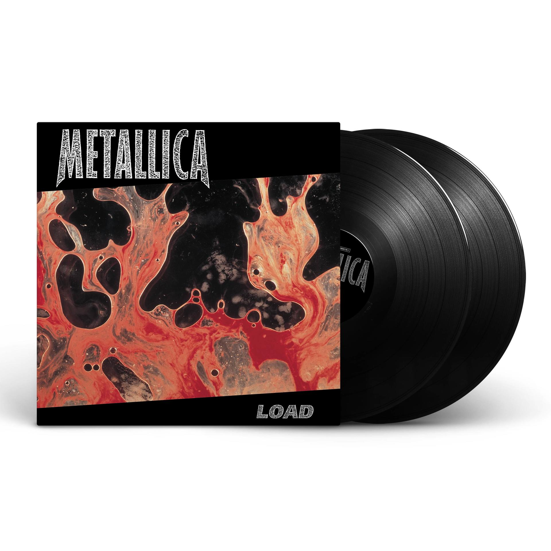 Een zwart vinylalbum, getiteld 'LOAD' van Metallica, met twee vinylplaten zichtbaar.