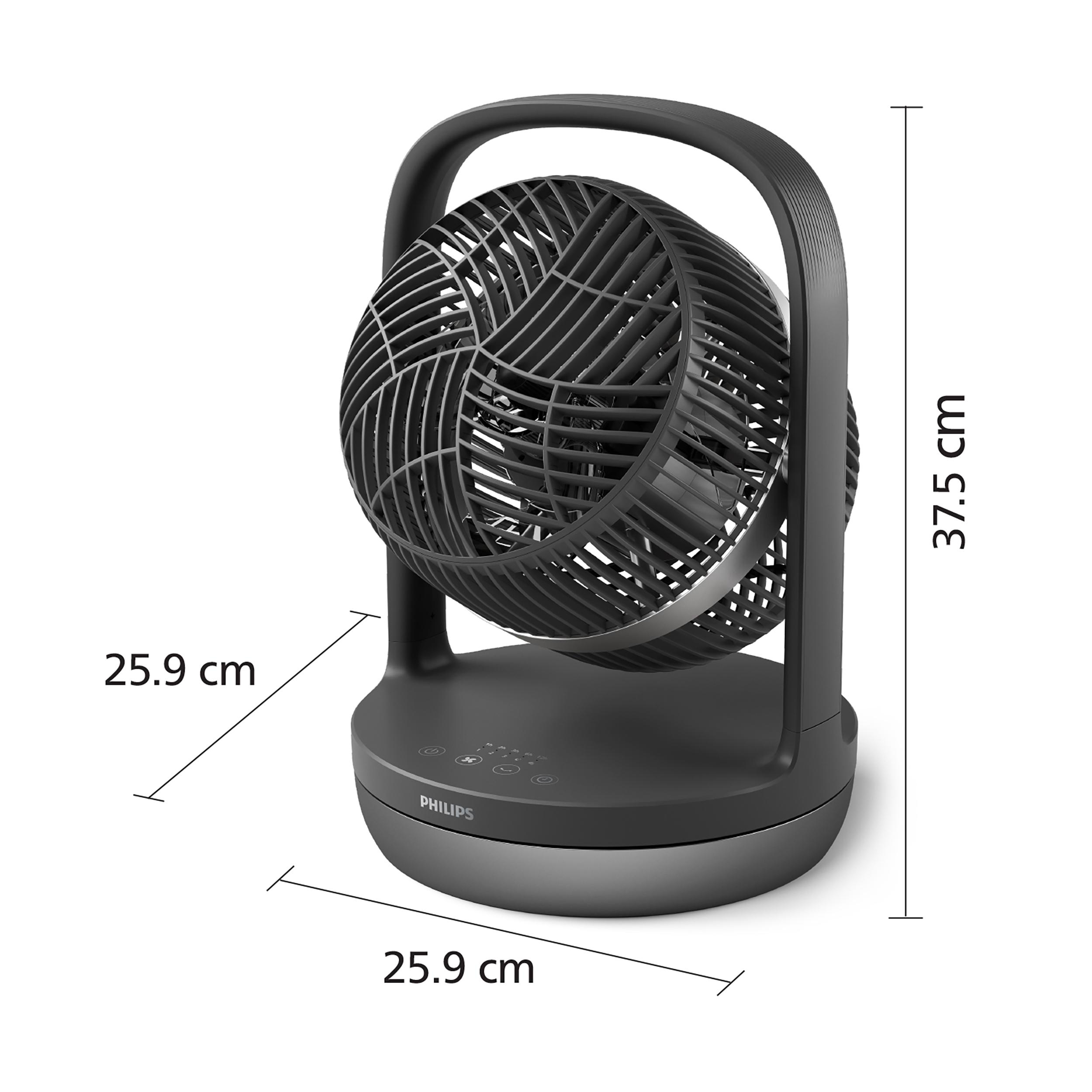 Schwarzer und grauer Philips-Ventilator mit kreisförmigem Gitter und Griff oben.