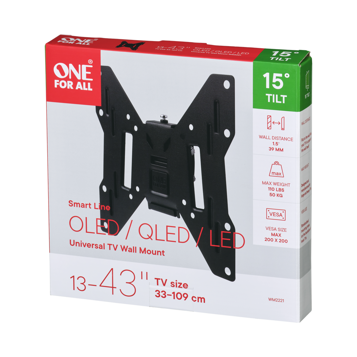 Embalaje para un soporte de pared para TV, con el producto y especificaciones para televisores OLED/QLED/LED.